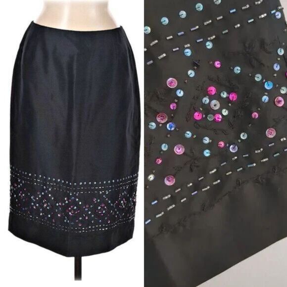Vintage 1990s Finity Silk Skirt Black Beaded Slit Whimsigoth 1990s Siren Size 8 - Picture 1 of 10